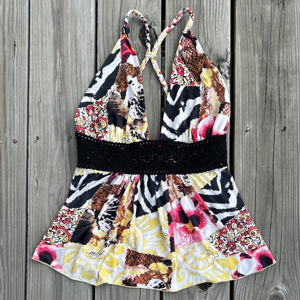 Floral & Zebra Print Halter Tank with Black Waistband